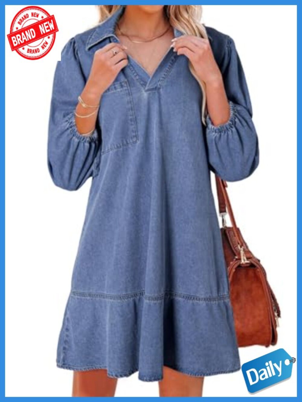 Denim Babydoll Dress 3/4 Puff Sleeve V Neck Mini A-line Casual Western